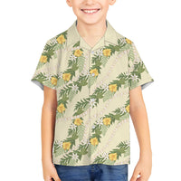 Hawaiian Pikake Maile Lei Family Matching Puletasi and Hawaiian Shirt Tiare Hibiscus Kalo Palapalai Leaf Beige LT19 Son's Shirt Beige - Polynesian Pride