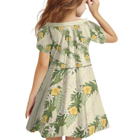 Hawaiian Pikake Maile Lei Family Matching Short Sleeve Bodycon Dress and Hawaiian Shirt Tiare Hibiscus Kalo Palapalai Leaf Beige LT19 - Polynesian Pride