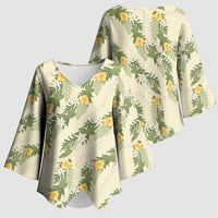 Hawaiian Pikake Maile Lei Kimono Sleeve Blouse Tiare Hibiscus Kalo Palapalai Leaf Beige