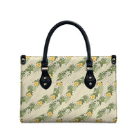 Hawaiian Pikake Maile Lei Leather Bag Tiare Hibiscus Kalo Palapalai Leaf Beige
