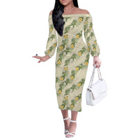 Hawaiian Pikake Maile Lei Off The Shoulder Long Sleeve Dress Tiare Hibiscus Kalo Palapalai Leaf Beige LT19 Women Beige - Polynesian Pride
