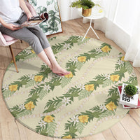 Hawaiian Pikake Maile Lei Round Carpet Tiare Hibiscus Kalo Palapalai Leaf Beige
