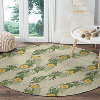 Hawaiian Pikake Maile Lei Round Carpet Tiare Hibiscus Kalo Palapalai Leaf Beige