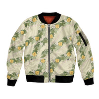 Hawaiian Pikake Maile Lei Sleeve Zip Bomber Jacket Tiare Hibiscus Kalo Palapalai Leaf Beige