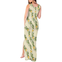 Hawaiian Pikake Maile Lei Tank Maxi Dress Tiare Hibiscus Kalo Palapalai Leaf Beige