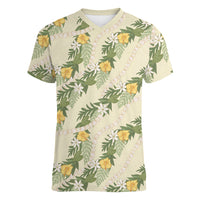 Hawaiian Pikake Maile Lei Women V-Neck T-Shirt Tiare Hibiscus Kalo Palapalai Leaf Beige LT19 Female Beige - Polynesian Pride