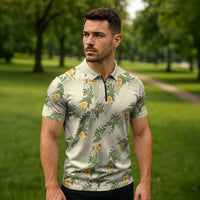 Hawaiian Pikake Maile Lei Zipper Polo Shirt Tiare Hibiscus Kalo Palapalai Leaf Beige