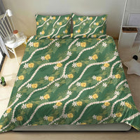 Hawaiian Pikake Maile Lei Bedding Set Tiare Hibiscus Kalo Palapalai Leaf Green