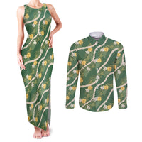 Hawaiian Pikake Maile Lei Couples Matching Tank Maxi Dress and Long Sleeve Button Shirt Tiare Hibiscus Kalo Palapalai Leaf Green LT19 Green - Polynesian Pride