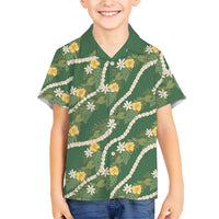 Hawaiian Pikake Maile Lei Family Matching Mermaid Dress and Hawaiian Shirt Tiare Hibiscus Kalo Palapalai Leaf Green LT19 Son's Shirt Green - Polynesian Pride