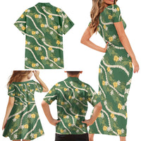 Hawaiian Pikake Maile Lei Family Matching Short Sleeve Bodycon Dress and Hawaiian Shirt Tiare Hibiscus Kalo Palapalai Leaf Green LT19 - Polynesian Pride