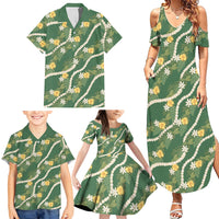 Hawaiian Pikake Maile Lei Family Matching Summer Maxi Dress and Hawaiian Shirt Tiare Hibiscus Kalo Palapalai Leaf Green LT19 - Polynesian Pride