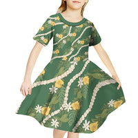 Hawaiian Pikake Maile Lei Kid Short Sleeve Dress Tiare Hibiscus Kalo Palapalai Leaf Green