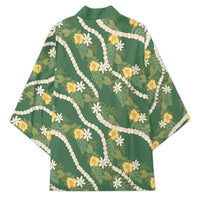 Hawaiian Pikake Maile Lei Kimono Tiare Hibiscus Kalo Palapalai Leaf Green