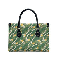 Hawaiian Pikake Maile Lei Leather Bag Tiare Hibiscus Kalo Palapalai Leaf Green