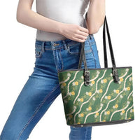 Hawaiian Pikake Maile Lei Leather Tote Bag Tiare Hibiscus Kalo Palapalai Leaf Green