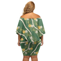 Hawaiian Pikake Maile Lei Off Shoulder Short Dress Tiare Hibiscus Kalo Palapalai Leaf Green