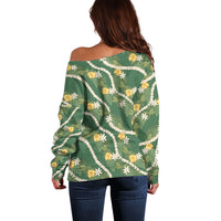 Hawaiian Pikake Maile Lei Off Shoulder Sweater Tiare Hibiscus Kalo Palapalai Leaf Green