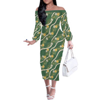 Hawaiian Pikake Maile Lei Off The Shoulder Long Sleeve Dress Tiare Hibiscus Kalo Palapalai Leaf Green LT19 Women Green - Polynesian Pride