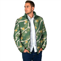 Hawaiian Pikake Maile Lei Padded Jacket Tiare Hibiscus Kalo Palapalai Leaf Green