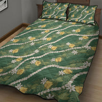 Hawaiian Pikake Maile Lei Quilt Bed Set Tiare Hibiscus Kalo Palapalai Leaf Green