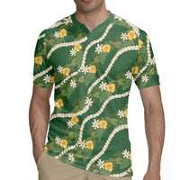 Hawaiian Pikake Maile Lei Rugby Jersey Tiare Hibiscus Kalo Palapalai Leaf Green