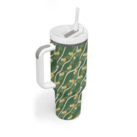 Hawaiian Pikake Maile Lei Tumbler With Handle Tiare Hibiscus Kalo Palapalai Leaf Green