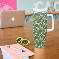 Hawaiian Pikake Maile Lei Tumbler With Handle Tiare Hibiscus Kalo Palapalai Leaf Green