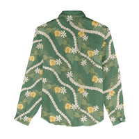 Hawaiian Pikake Maile Lei Women Casual Shirt Tiare Hibiscus Kalo Palapalai Leaf Green LT19 - Polynesian Pride