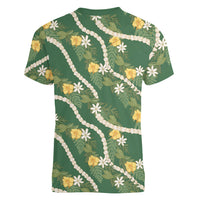 Hawaiian Pikake Maile Lei Women V-Neck T-Shirt Tiare Hibiscus Kalo Palapalai Leaf Green LT19 - Polynesian Pride