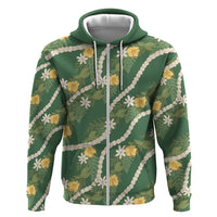 Hawaiian Pikake Maile Lei Zip Hoodie Tiare Hibiscus Kalo Palapalai Leaf Green