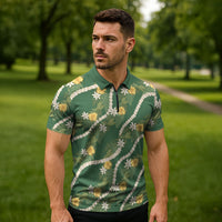 Hawaiian Pikake Maile Lei Zipper Polo Shirt Tiare Hibiscus Kalo Palapalai Leaf Green