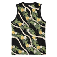 Hawaiian Pikake Maile Lei Basketball Jersey Tiare Hibiscus Kalo Palapalai Leaf Black