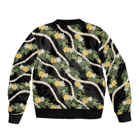 Hawaiian Pikake Maile Lei Bomber Jacket Tiare Hibiscus Kalo Palapalai Leaf Black