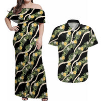 Hawaiian Pikake Maile Lei Couples Matching Off Shoulder Maxi Dress and Hawaiian Shirt Tiare Hibiscus Kalo Palapalai Leaf Black LT19 Black - Polynesian Pride