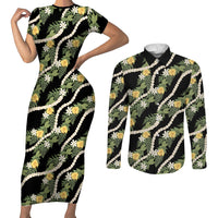 Hawaiian Pikake Maile Lei Couples Matching Short Sleeve Bodycon Dress and Long Sleeve Button Shirt Tiare Hibiscus Kalo Palapalai Leaf Black LT19 Black - Polynesian Pride