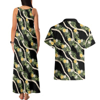Hawaiian Pikake Maile Lei Couples Matching Tank Maxi Dress and Hawaiian Shirt Tiare Hibiscus Kalo Palapalai Leaf Black LT19 - Polynesian Pride