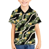 Hawaiian Pikake Maile Lei Family Matching Long Sleeve Bodycon Dress and Hawaiian Shirt Tiare Hibiscus Kalo Palapalai Leaf Black LT19 Son's Shirt Black - Polynesian Pride