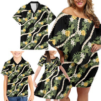 Hawaiian Pikake Maile Lei Family Matching Off Shoulder Short Dress and Hawaiian Shirt Tiare Hibiscus Kalo Palapalai Leaf Black LT19 - Polynesian Pride