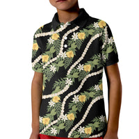 Hawaiian Pikake Maile Lei Kid Polo Shirt Tiare Hibiscus Kalo Palapalai Leaf Black