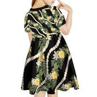 Hawaiian Pikake Maile Lei Kid Short Sleeve Dress Tiare Hibiscus Kalo Palapalai Leaf Black