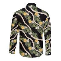 Hawaiian Pikake Maile Lei Long Sleeve Button Shirt Tiare Hibiscus Kalo Palapalai Leaf Black