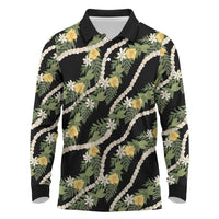Hawaiian Pikake Maile Lei Long Sleeve Polo Shirt Tiare Hibiscus Kalo Palapalai Leaf Black