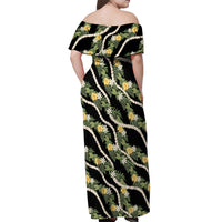 Hawaiian Pikake Maile Lei Off Shoulder Maxi Dress Tiare Hibiscus Kalo Palapalai Leaf Black