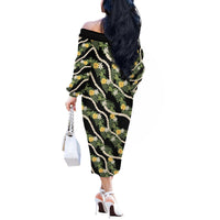 Hawaiian Pikake Maile Lei Off The Shoulder Long Sleeve Dress Tiare Hibiscus Kalo Palapalai Leaf Black