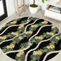 Hawaiian Pikake Maile Lei Round Carpet Tiare Hibiscus Kalo Palapalai Leaf Black
