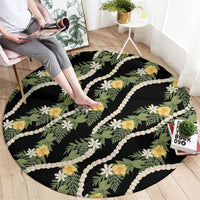 Hawaiian Pikake Maile Lei Round Carpet Tiare Hibiscus Kalo Palapalai Leaf Black
