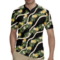 Hawaiian Pikake Maile Lei Rugby Jersey Tiare Hibiscus Kalo Palapalai Leaf Black