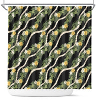 Hawaiian Pikake Maile Lei Shower Curtain Tiare Hibiscus Kalo Palapalai Leaf Black