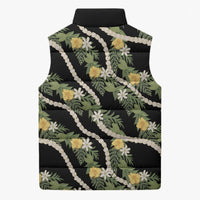 Hawaiian Pikake Maile Lei Sleeveless Puffer Jacket Tiare Hibiscus Kalo Palapalai Leaf Black